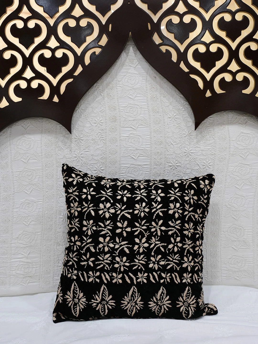 Ada Hand Embroidered Black Velvet Lucknowi Chikankari Cushion Cover 01A643211