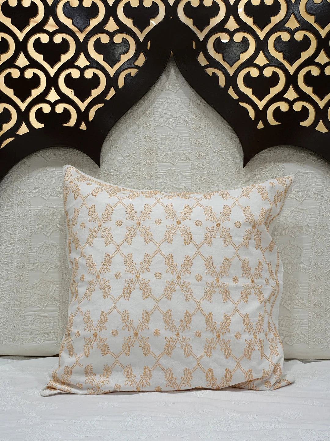 Ada Hand Embroidered White Cotton Lucknowi Chikankari Cushion Cover 01A77985