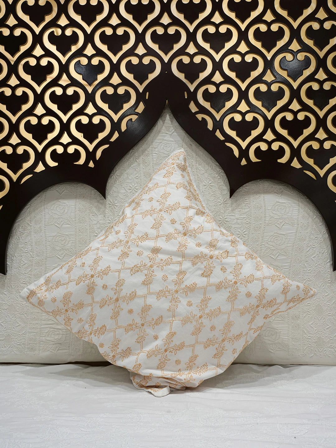 Ada Hand Embroidered White Cotton Lucknowi Chikankari Cushion Cover 01A77985