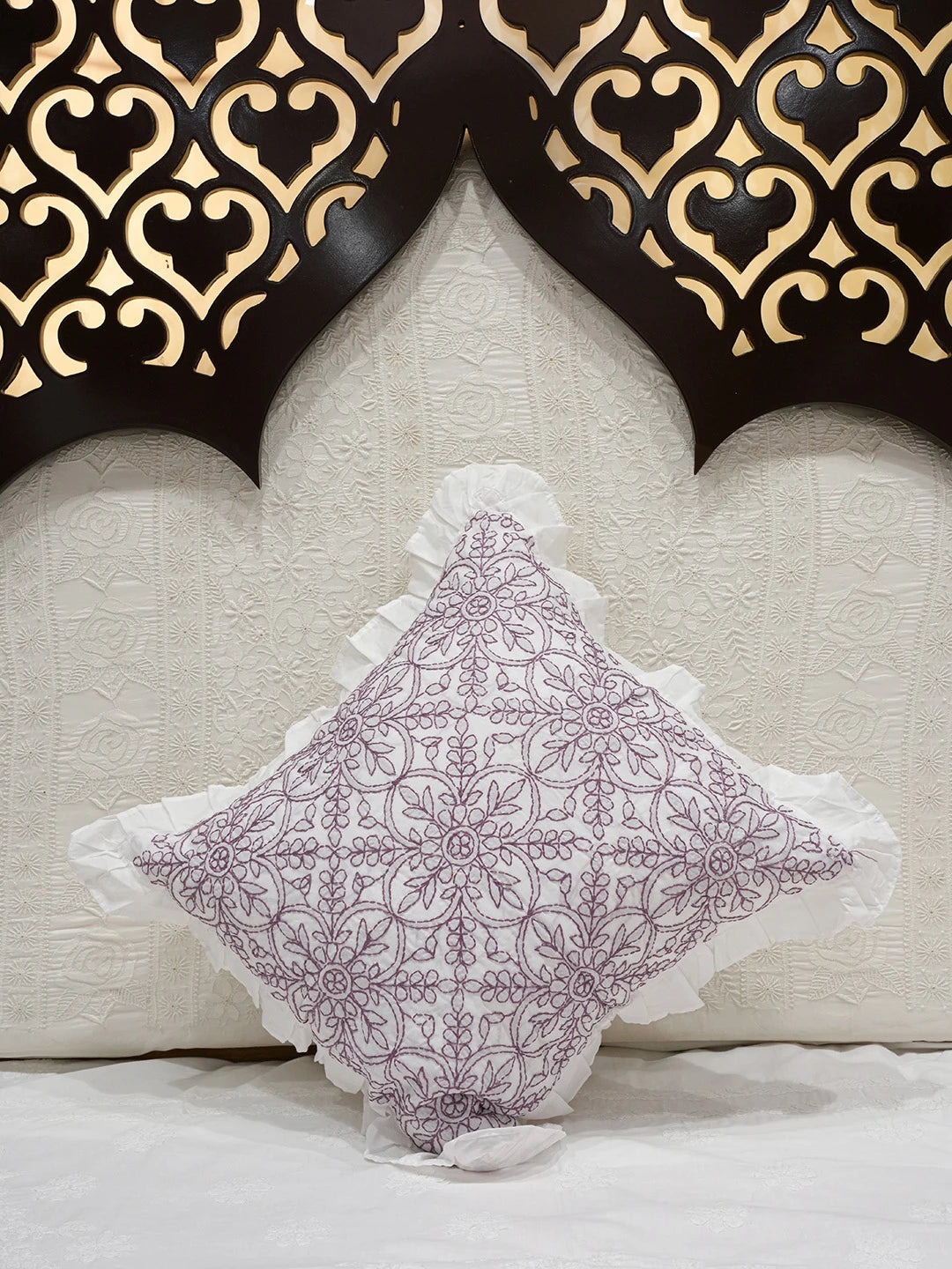 Ada Hand Embroidered White Cotton Lucknowi Chikankari Cushion Cover 01A665395