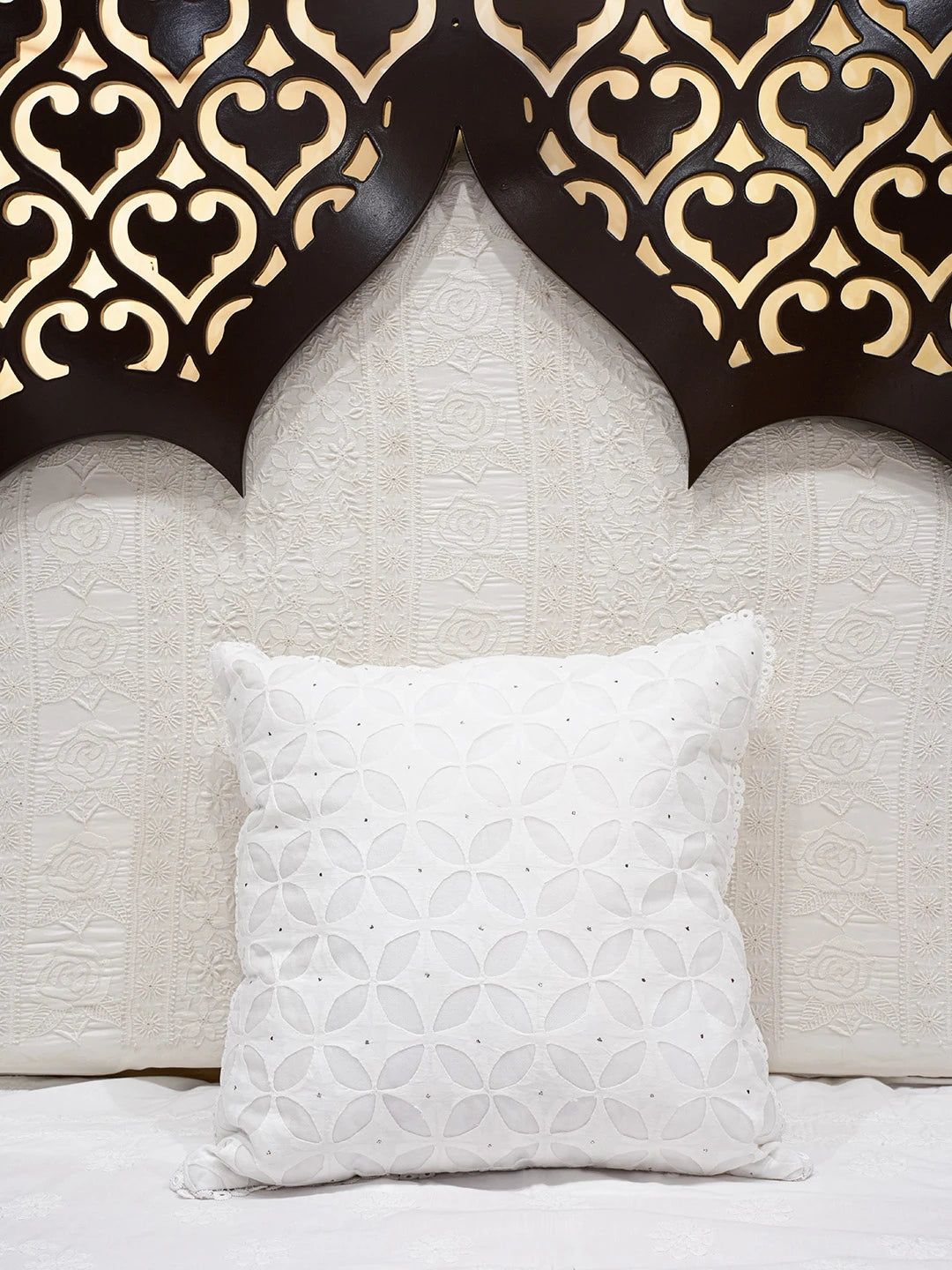 Ada Hand Embroidered White Organza Lucknowi Chikankari Cushion Cover With Muqaish Work 01A605427