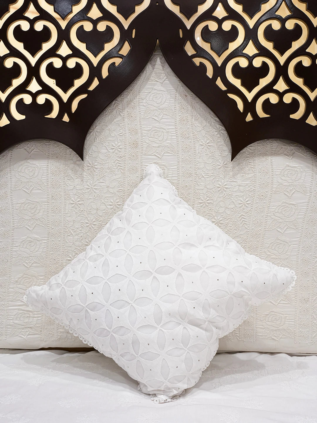 Ada Hand Embroidered White Organza Lucknowi Chikankari Cushion Cover With Muqaish Work 01A605427