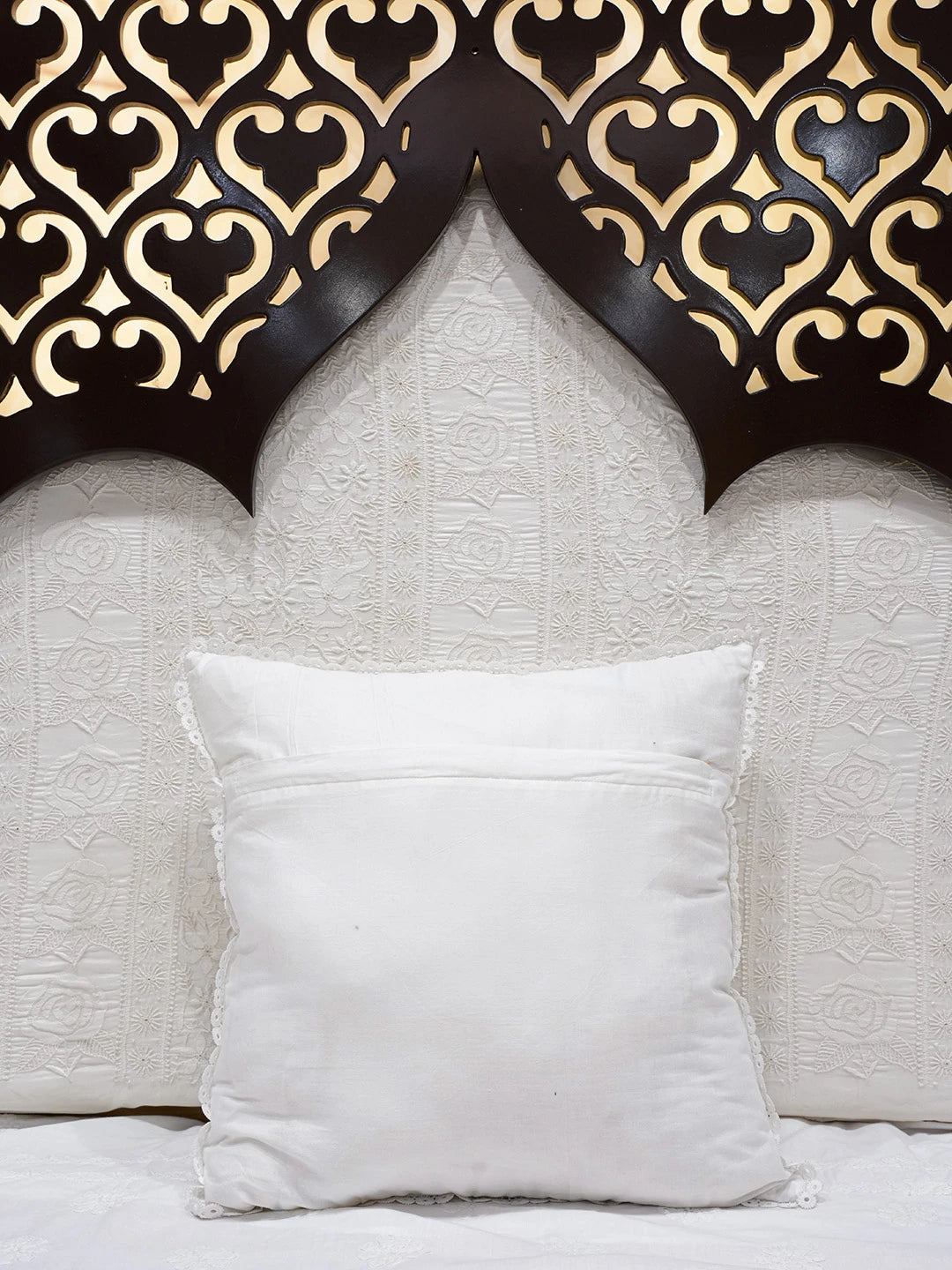 Ada Hand Embroidered White Organza Lucknowi Chikankari Cushion Cover With Muqaish Work 01A605427
