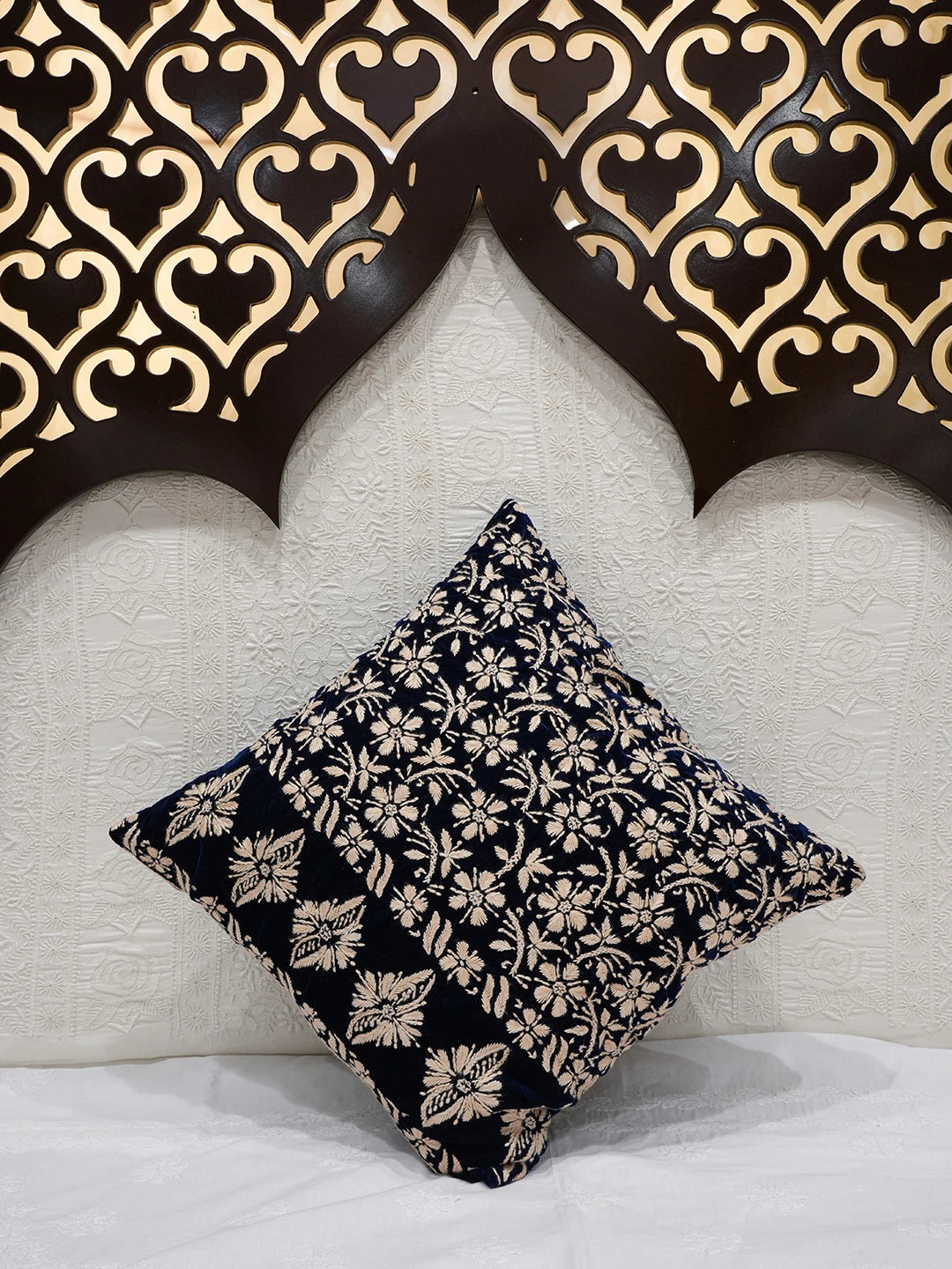 Ada Hand Embroidered Navy Blue Velvet Lucknowi Chikankari Cushion Cover 01A605315