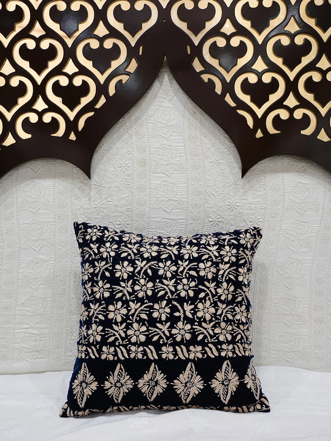 Ada Hand Embroidered Navy Blue Velvet Lucknowi Chikankari Cushion Cover 01A605315