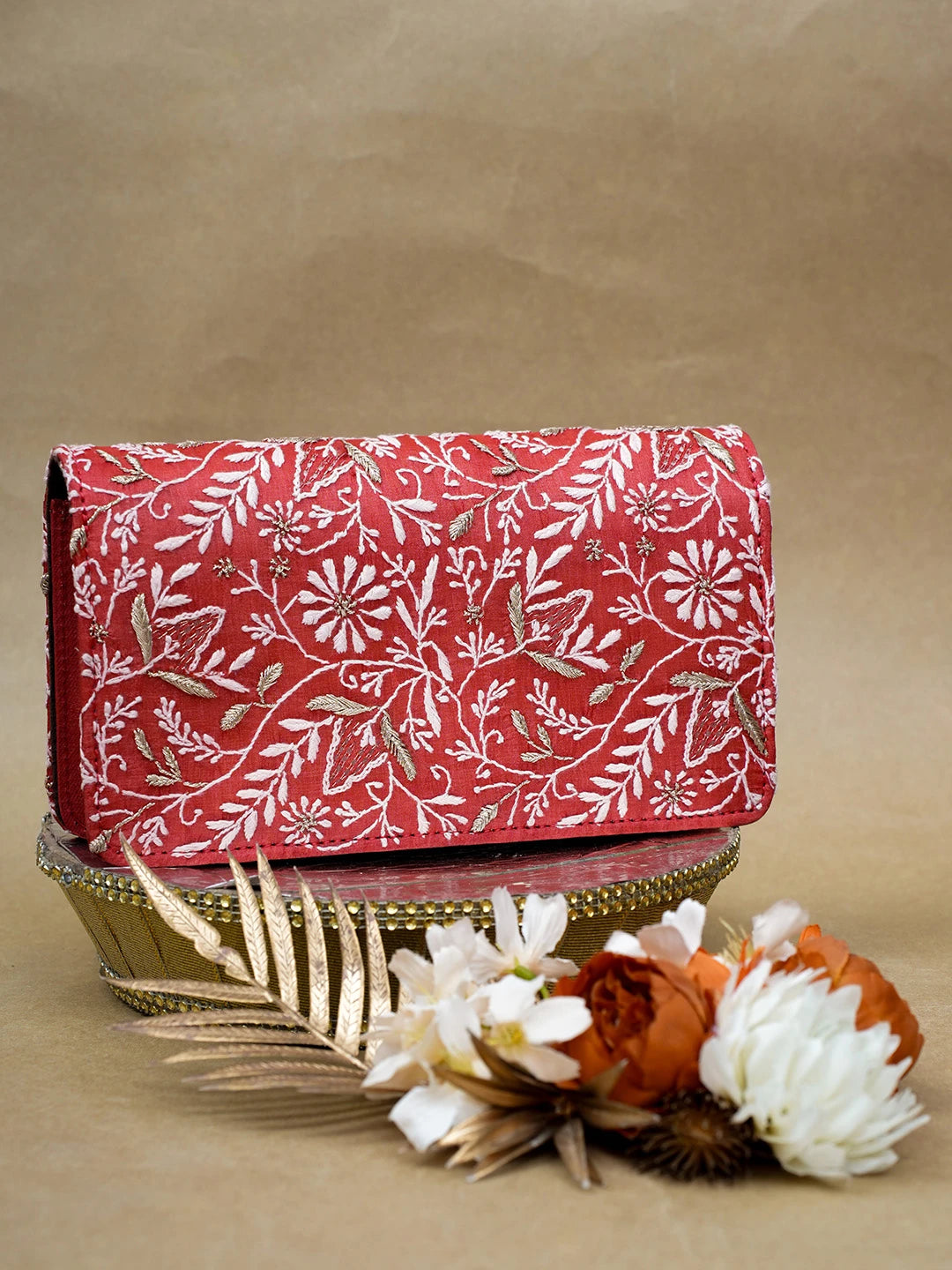 Ada Hand Embroidered Red Silk Lucknowi Chikankari Clutch With Zari Work 01A685739