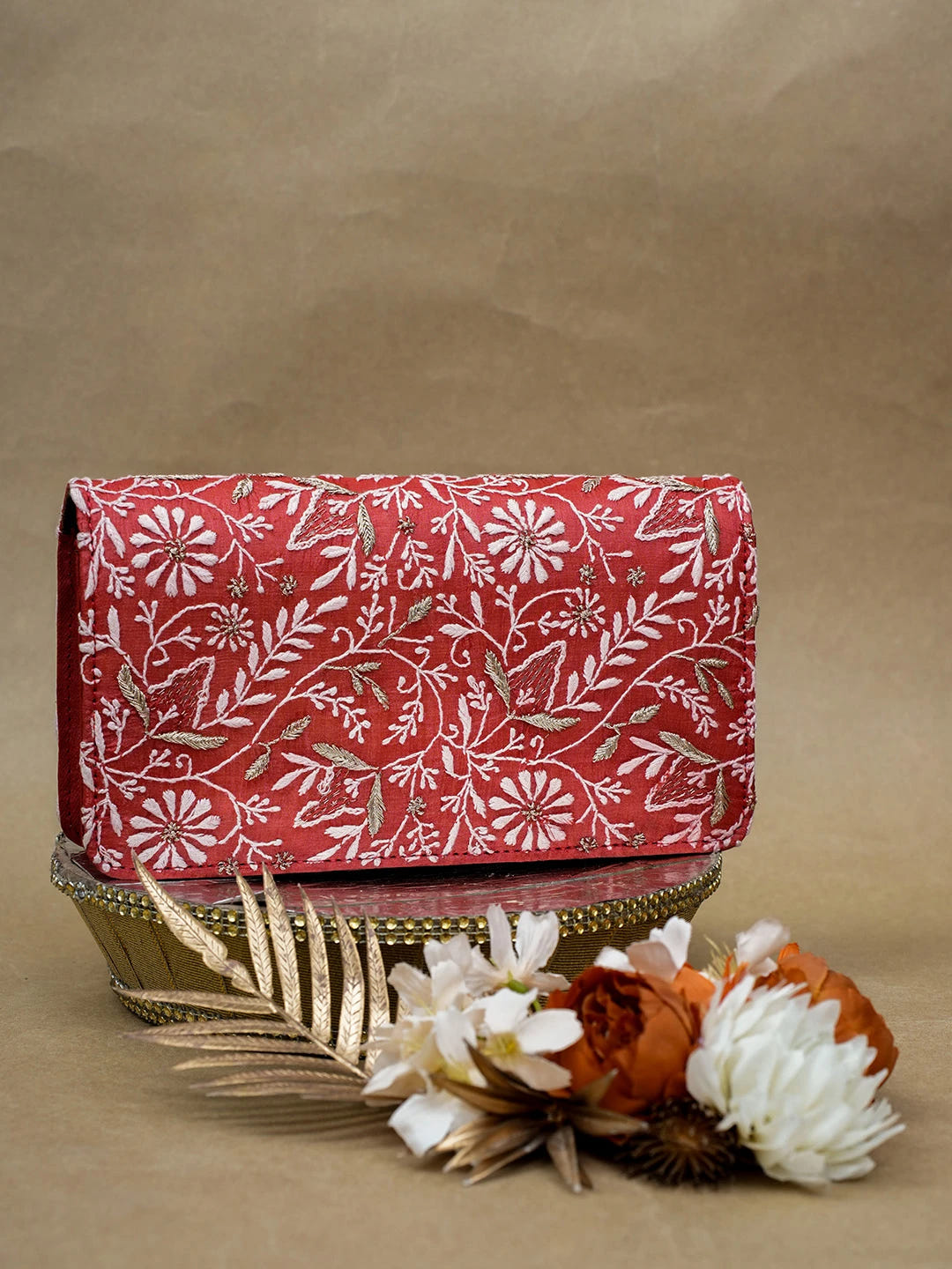 Ada Hand Embroidered Red Silk Lucknowi Chikankari Clutch With Zari Work 01A685739