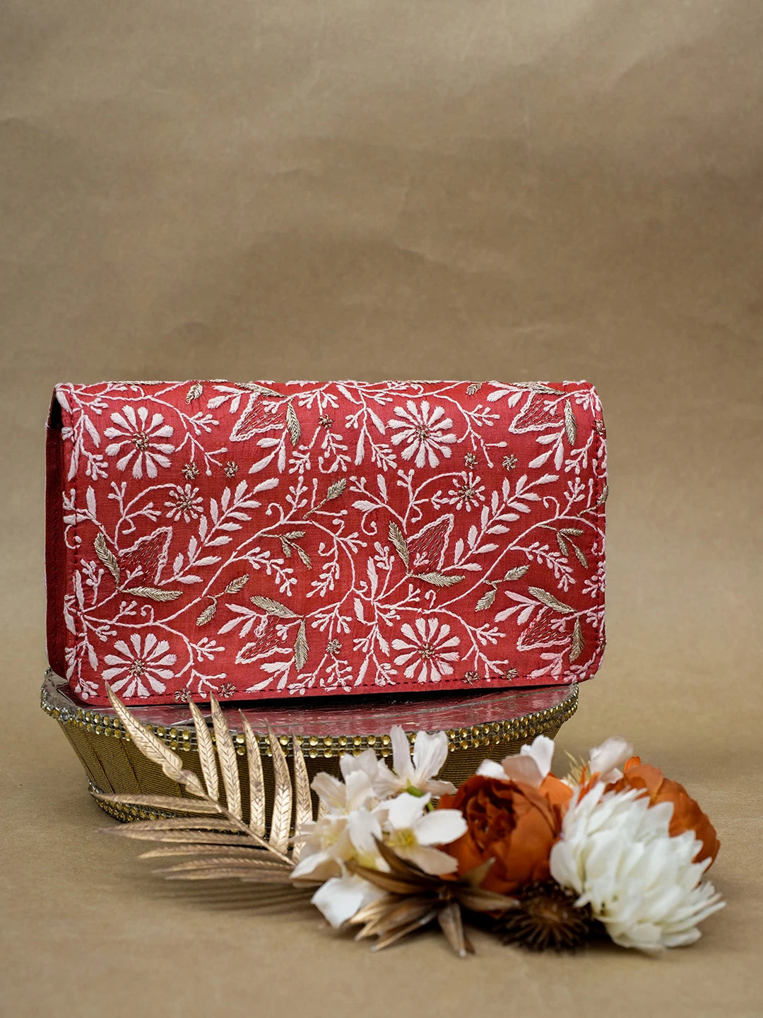 Ada Hand Embroidered Red Silk Lucknowi Chikankari Clutch With Zari Work 01A685739