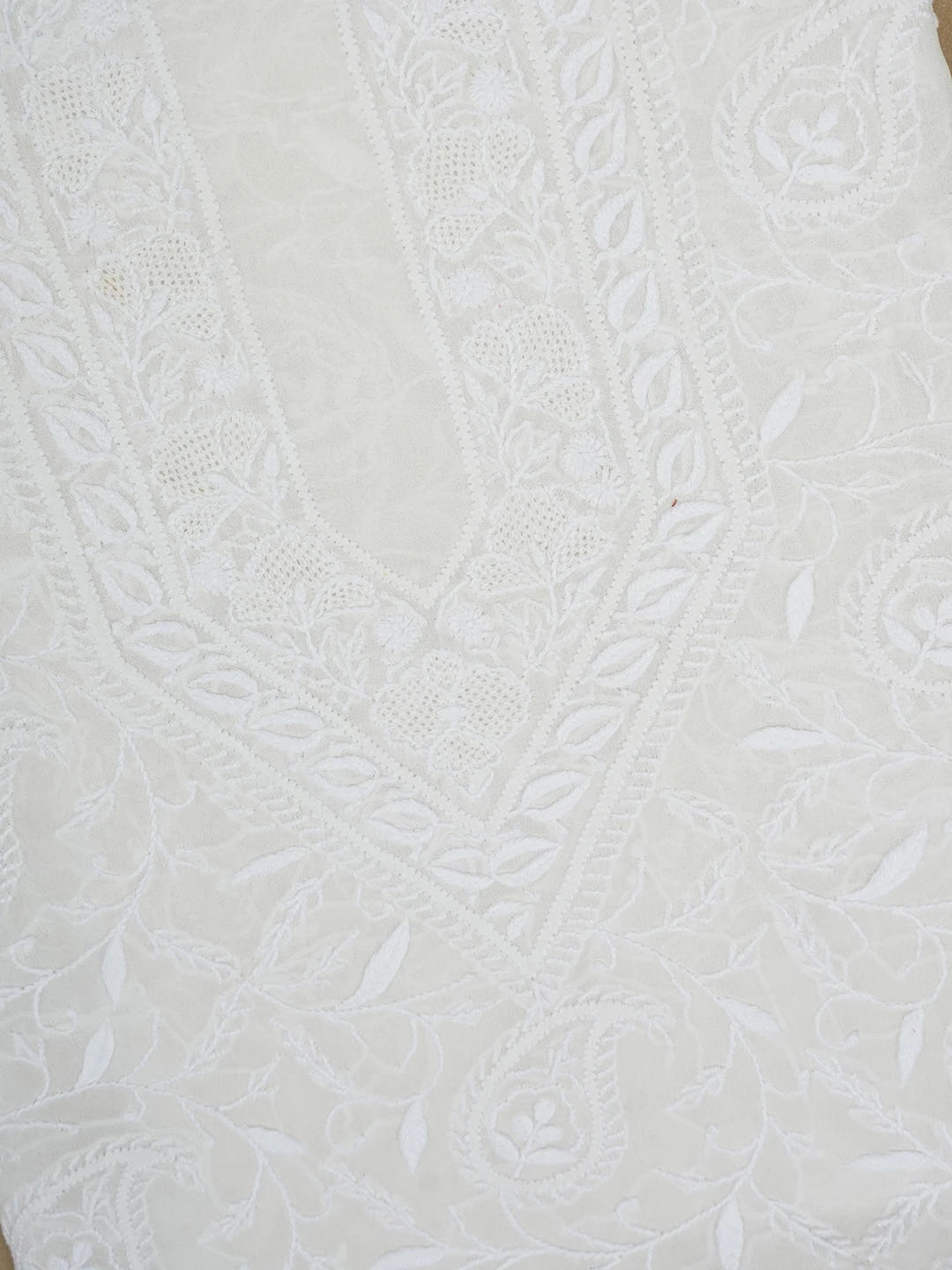 Ada Hand Embroidered White Pure Georgette Lucknowi Chikankari Unstitched Men's Kurta Piece 01A545846