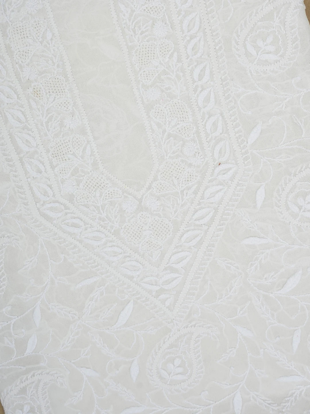 Ada Hand Embroidered White Pure Georgette Lucknowi Chikankari Unstitched Men's Kurta Piece 01A545846