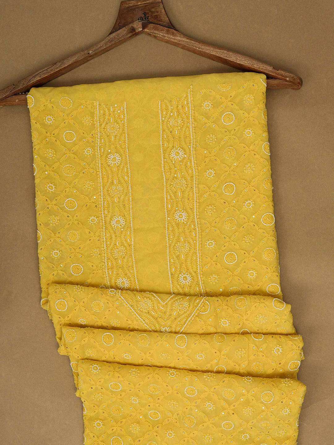 Ada Hand Embroidered Gold Yellow Viscose Georgette Lucknowi Chikankari Unstitched Men's Kurta Piece With Cutdana Work 01A430045