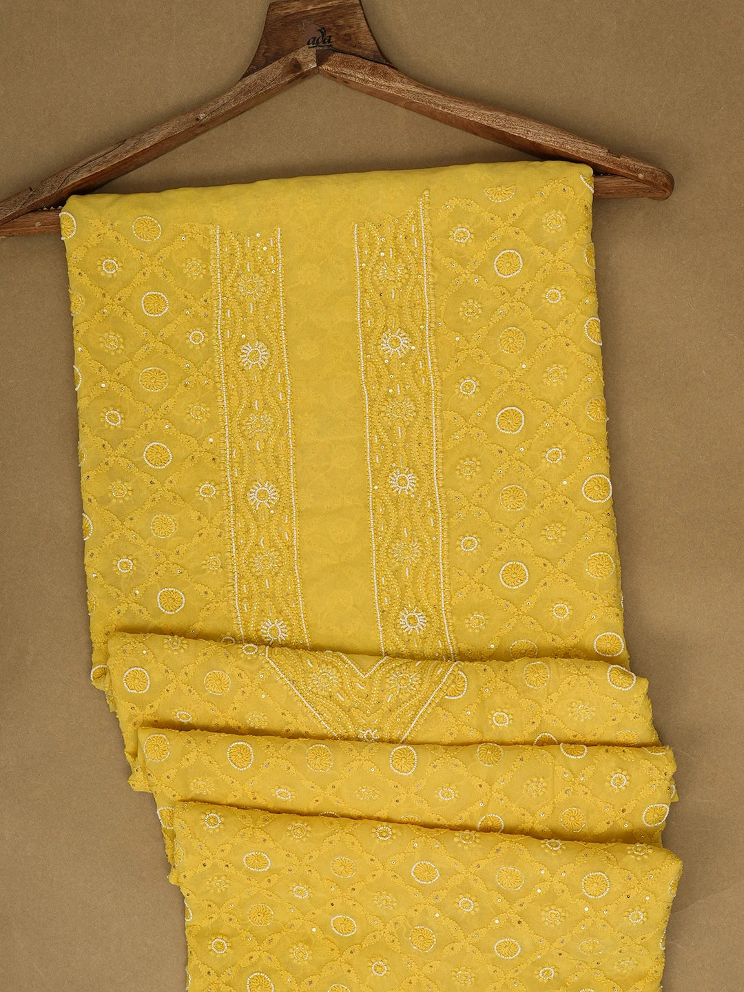 Ada Hand Embroidered Gold Yellow Viscose Georgette Lucknowi Chikankari Unstitched Men's Kurta Piece With Cutdana Work 01A430045