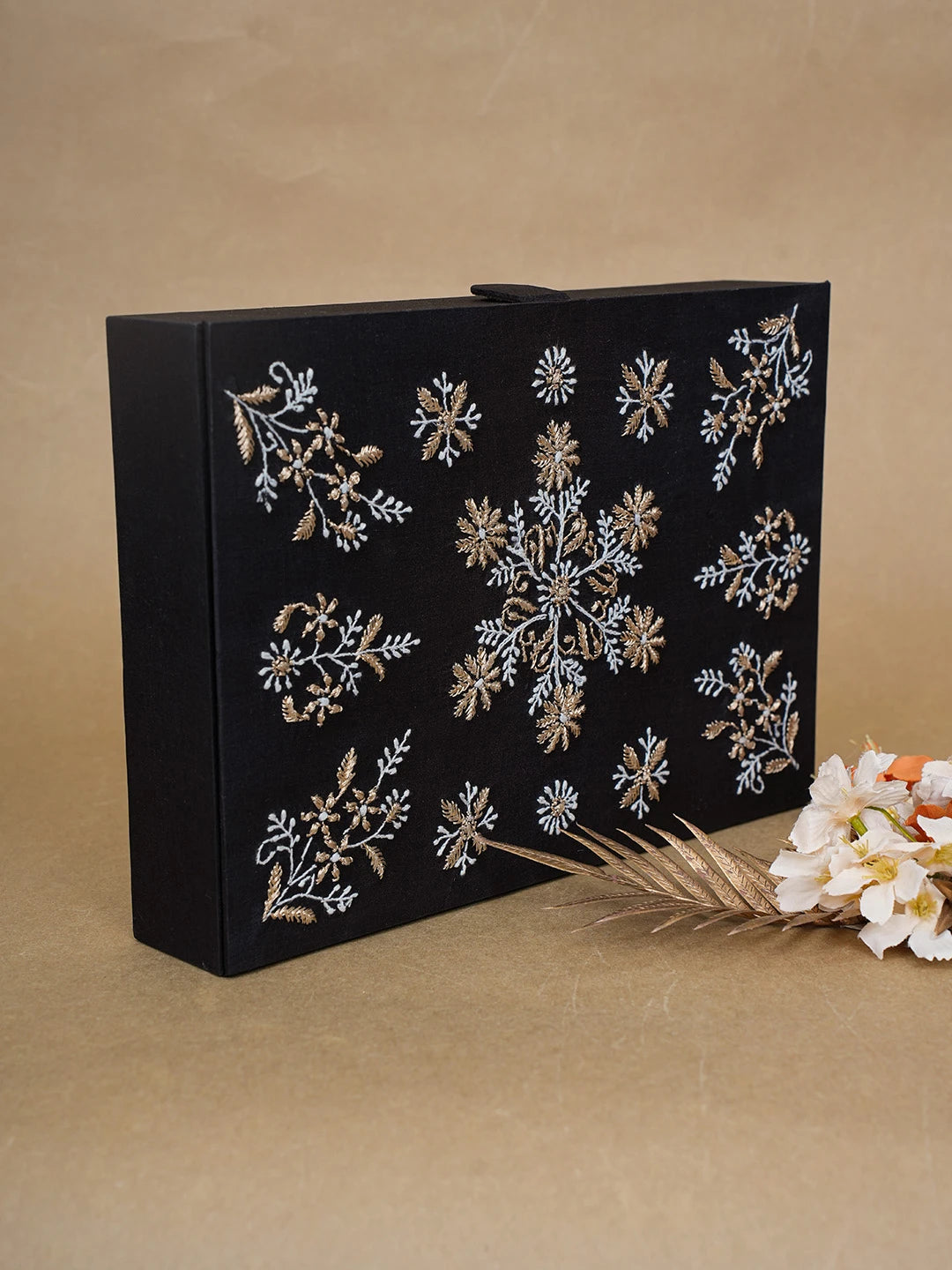 Ada Hand Embroidered Black Silk Lucknowi Chikankari Jewellery Box With Zari Work 01A617855