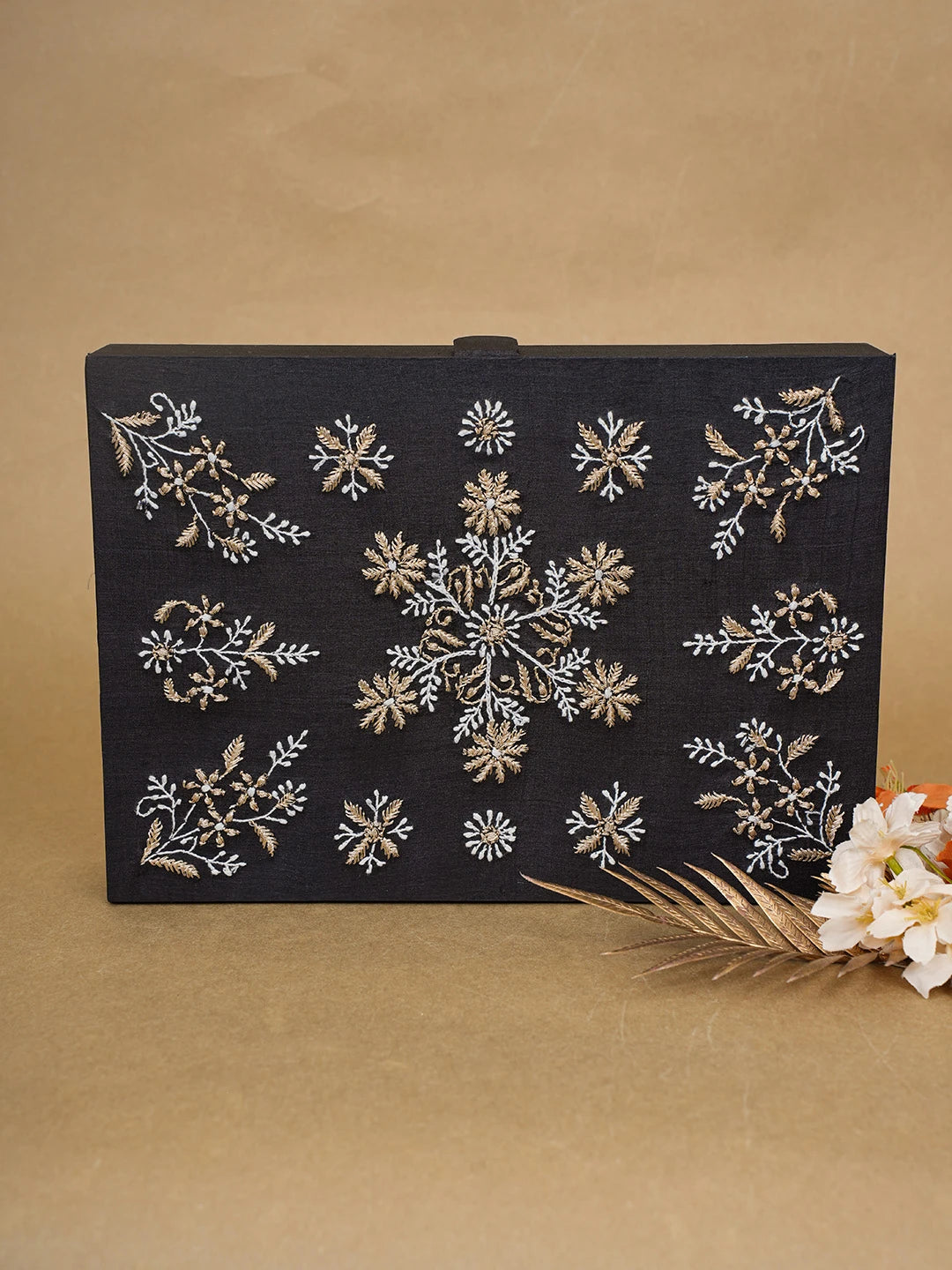 Ada Hand Embroidered Black Silk Lucknowi Chikankari Jewellery Box With Zari Work 01A617855