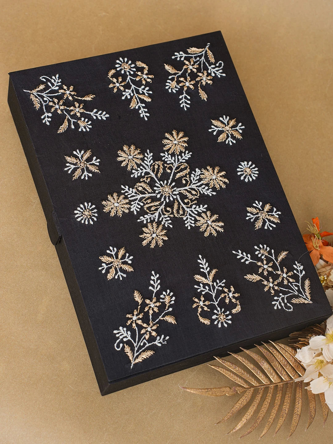 Ada Hand Embroidered Black Silk Lucknowi Chikankari Jewellery Box With Zari Work 01A617855