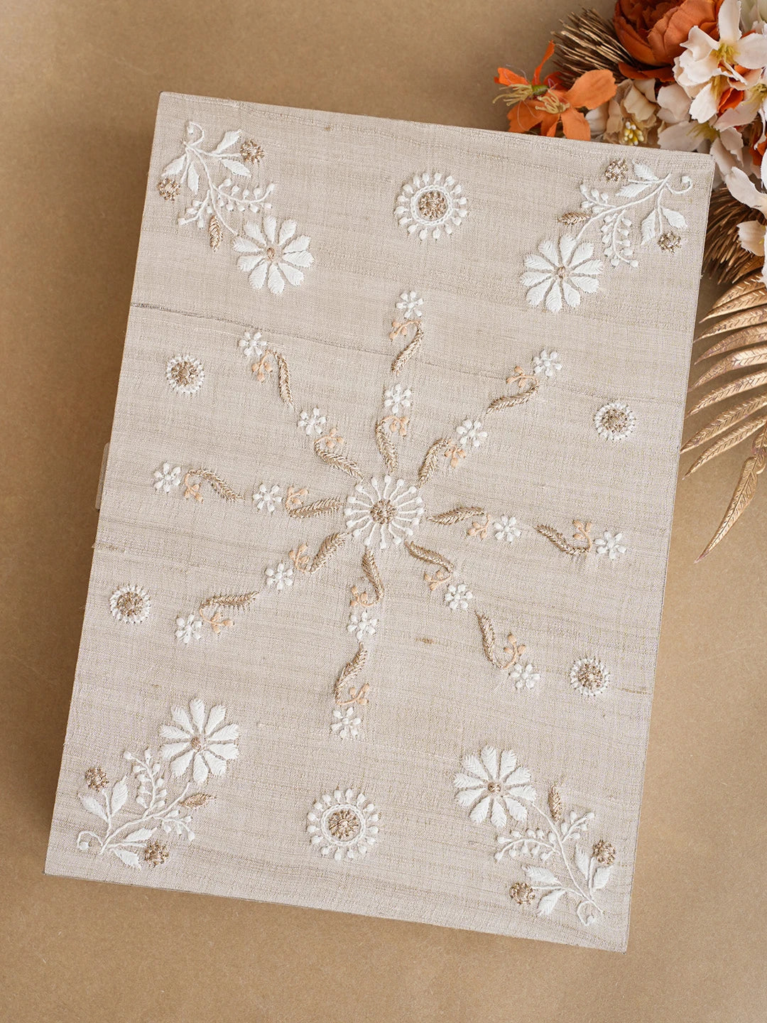 Ada Hand Embroidered Fawn Silk Lucknowi Chikankari Jewellery Box With Zari Work 01A538687