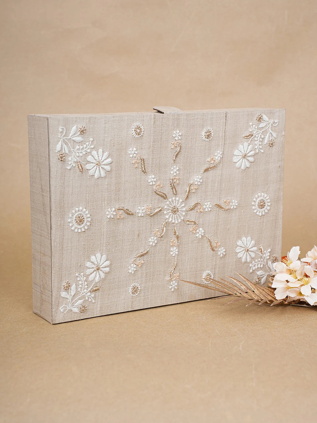 Ada Hand Embroidered Fawn Silk Lucknowi Chikankari Jewellery Box With Zari Work 01A538687