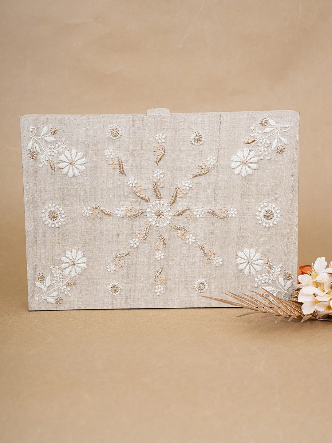 Ada Hand Embroidered Fawn Silk Lucknowi Chikankari Jewellery Box With Zari Work 01A538687