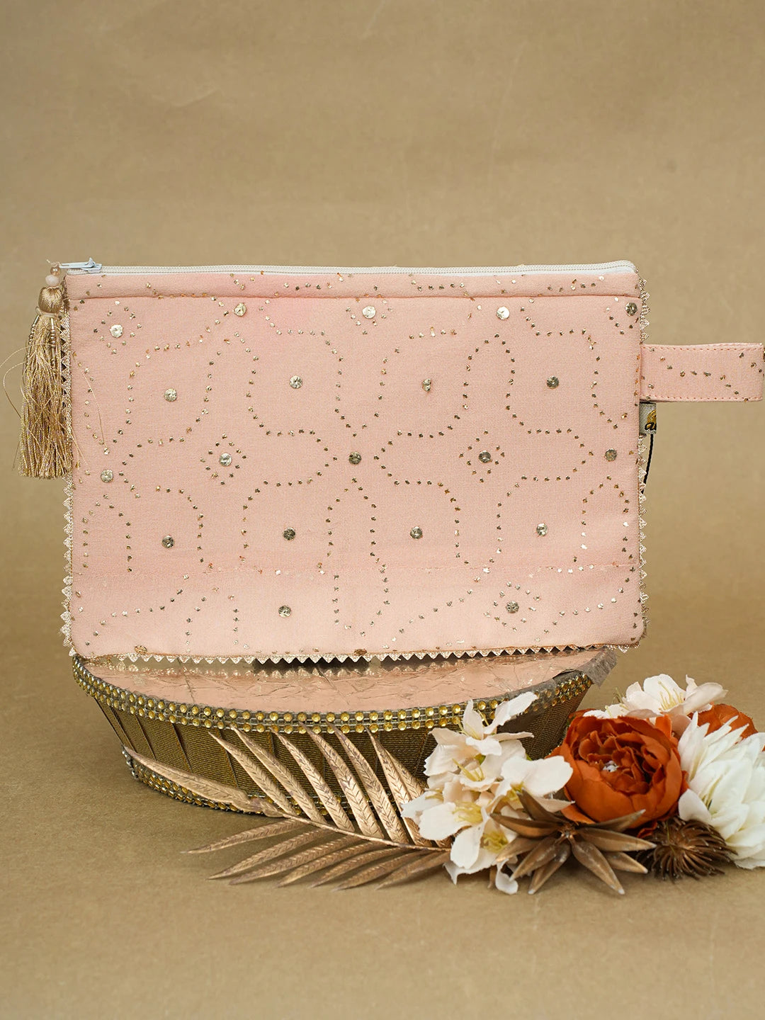 Ada Hand Embroidered Peach Viscose Georgette Lucknowi Chikankari Pouch with Muqaish Work 01A643159