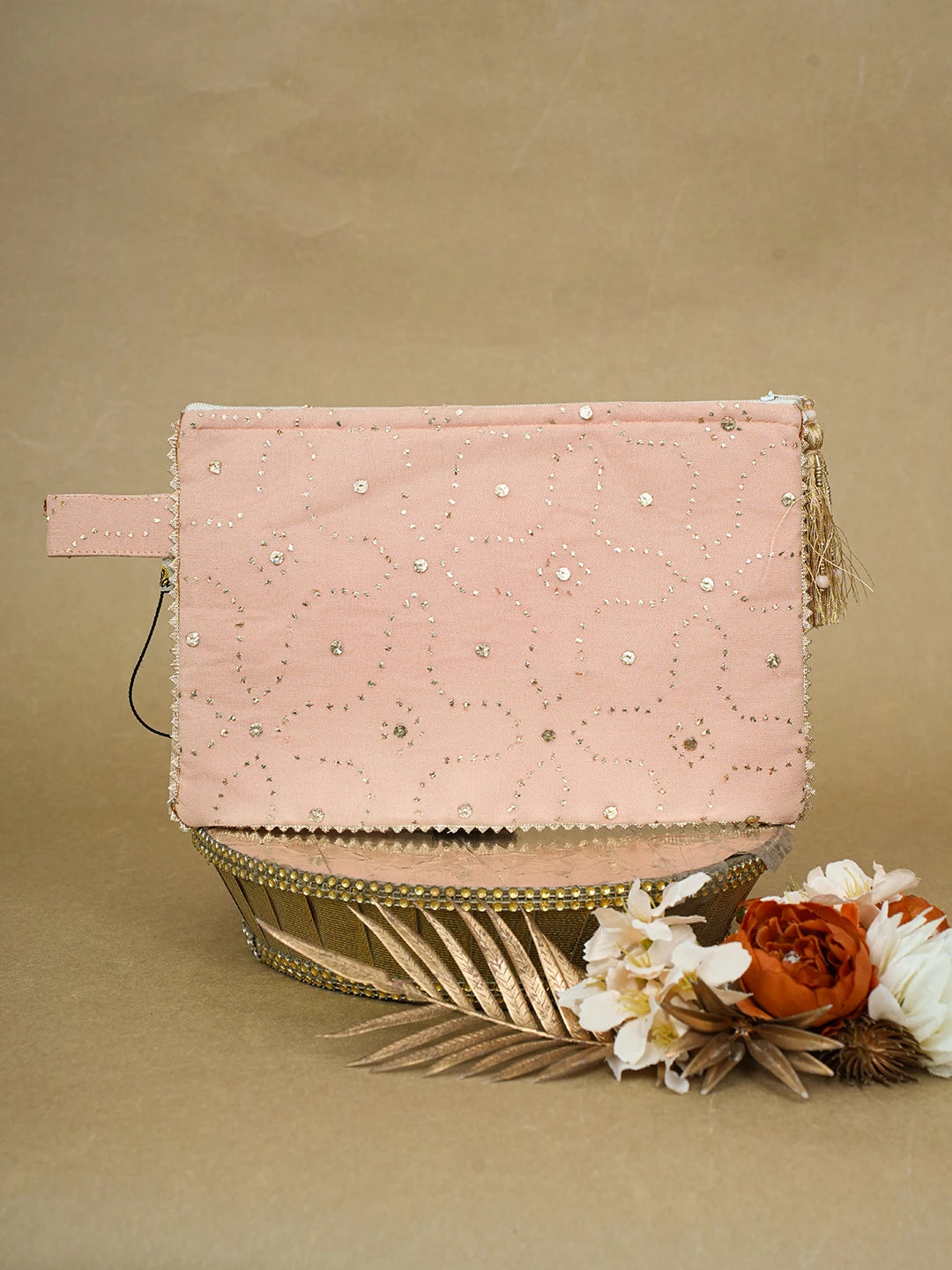Ada Hand Embroidered Peach Viscose Georgette Lucknowi Chikankari Pouch with Muqaish Work 01A643159