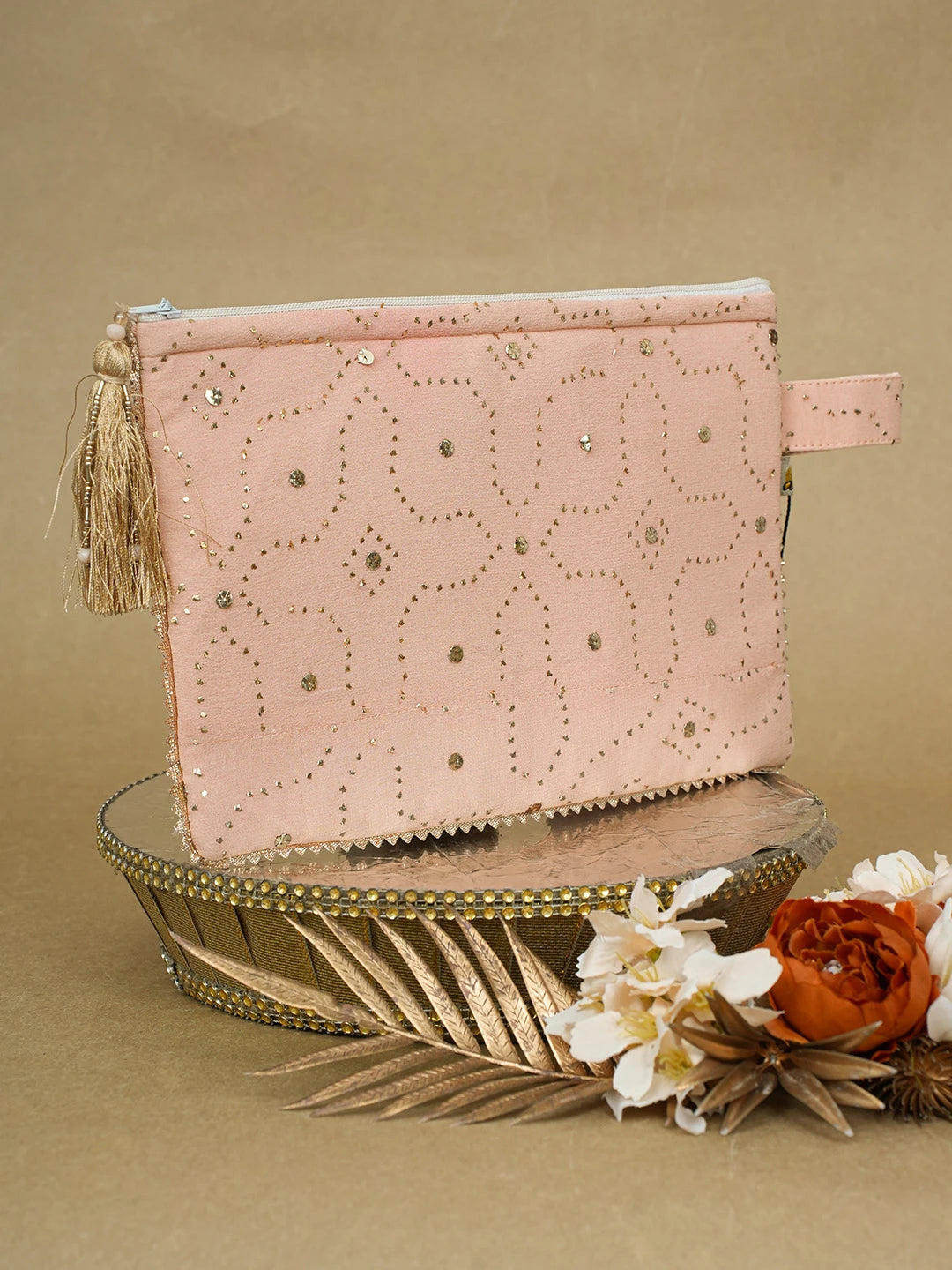 Ada Hand Embroidered Peach Viscose Georgette Lucknowi Chikankari Pouch with Muqaish Work 01A643159