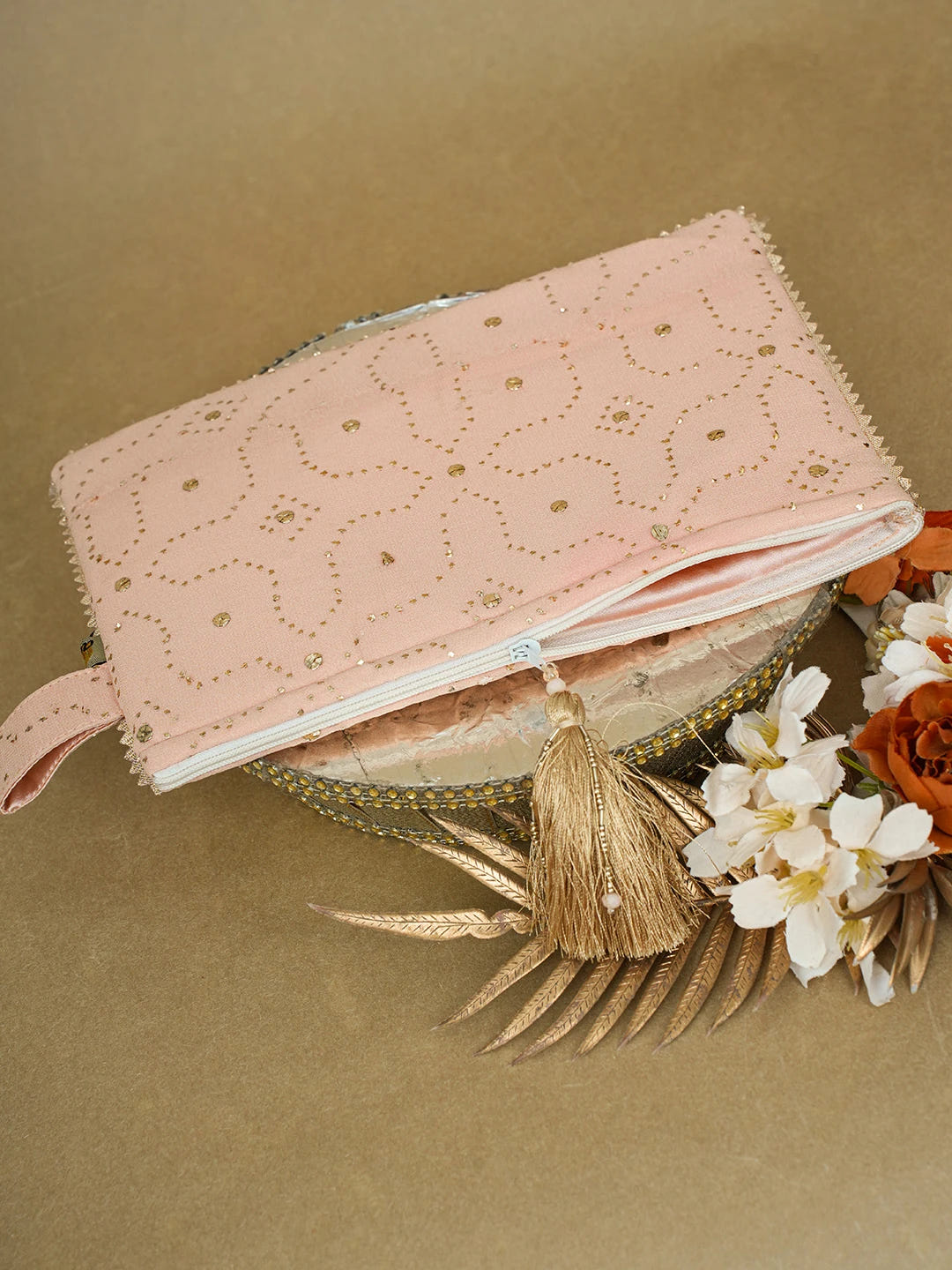 Ada Hand Embroidered Peach Viscose Georgette Lucknowi Chikankari Pouch with Muqaish Work 01A643159
