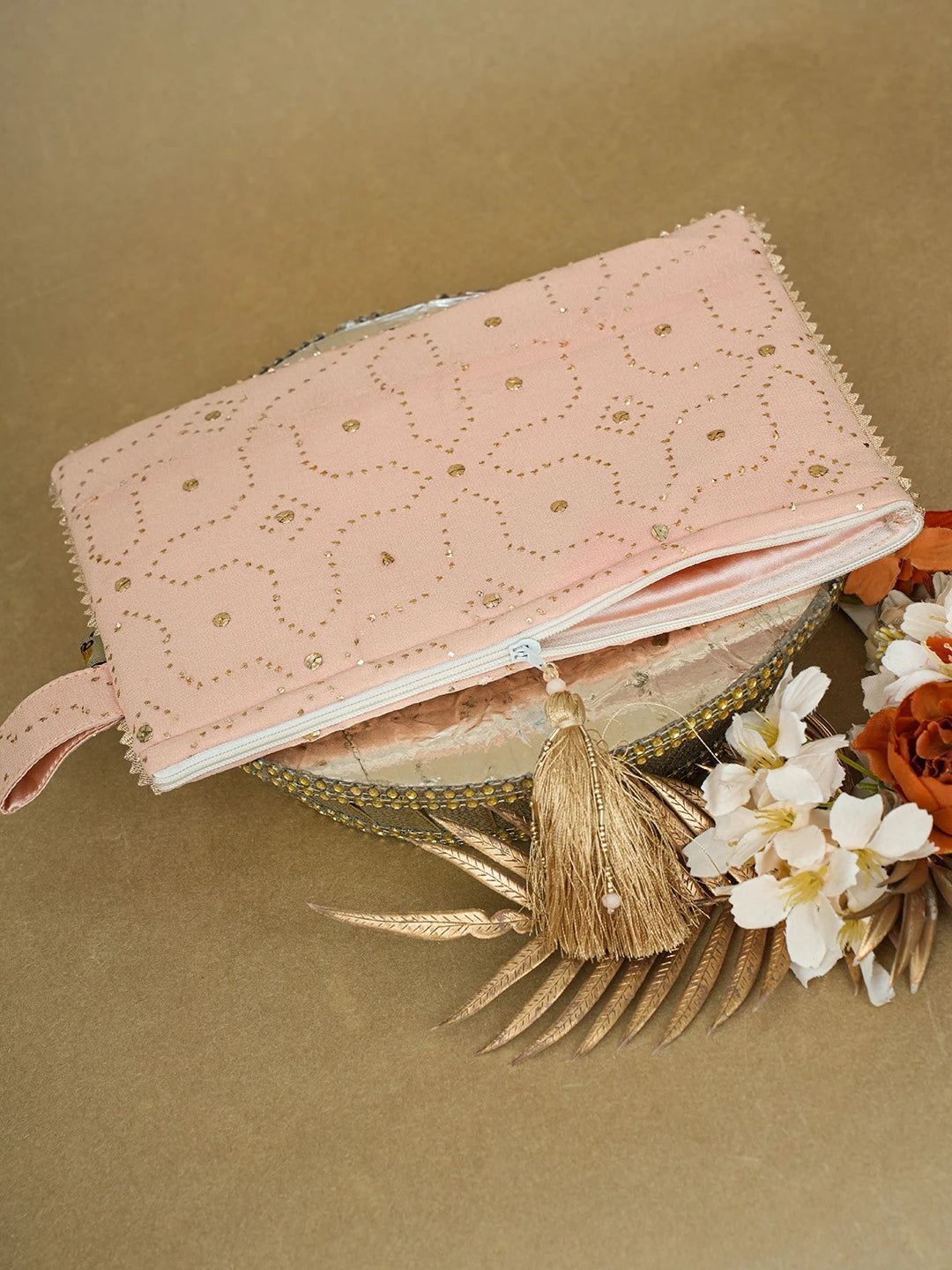 Ada Hand Embroidered Peach Viscose Georgette Lucknowi Chikankari Pouch with Muqaish Work 01A643159