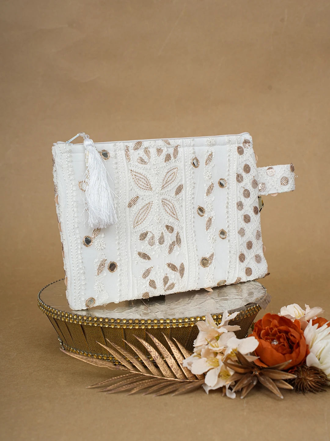 Ada Hand Embroidered White Viscose Georgette Lucknowi Chikankari Pouch with Zari Work 01A696882
