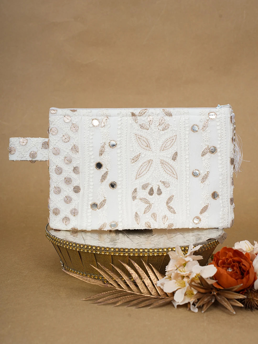 Ada Hand Embroidered White Viscose Georgette Lucknowi Chikankari Pouch with Zari Work 01A696882