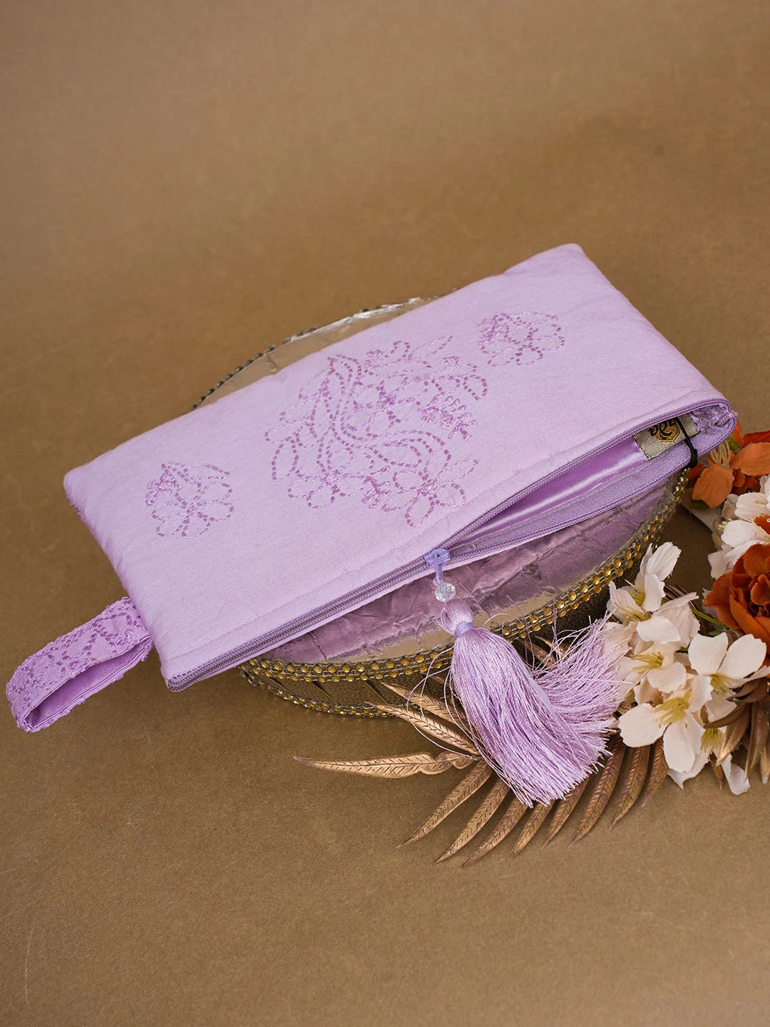 Ada Hand Embroidered Mauve Chanderi Lucknowi Chikankari Pouch 01A650904
