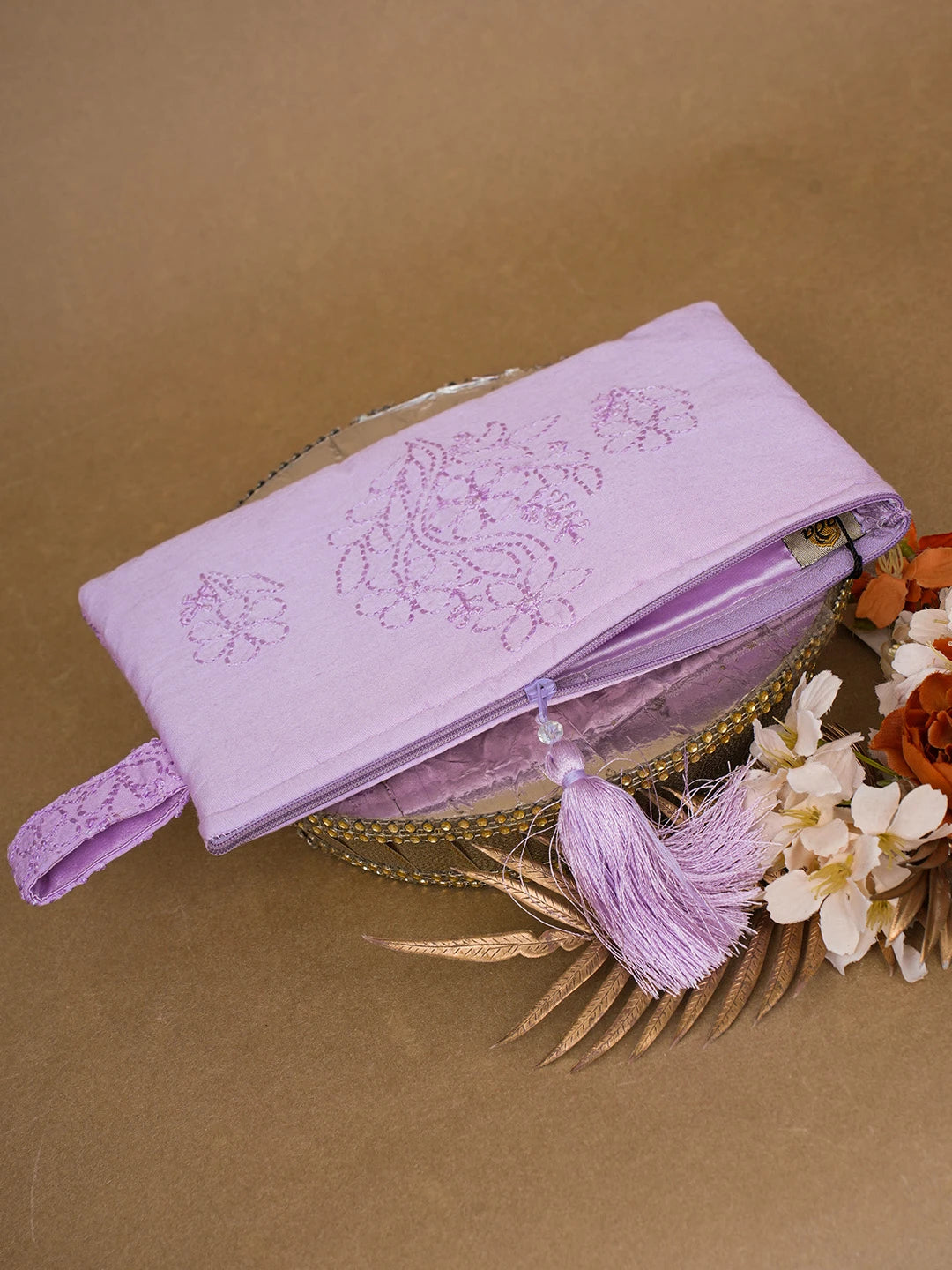 Ada Hand Embroidered Mauve Chanderi Lucknowi Chikankari Pouch 01A650904