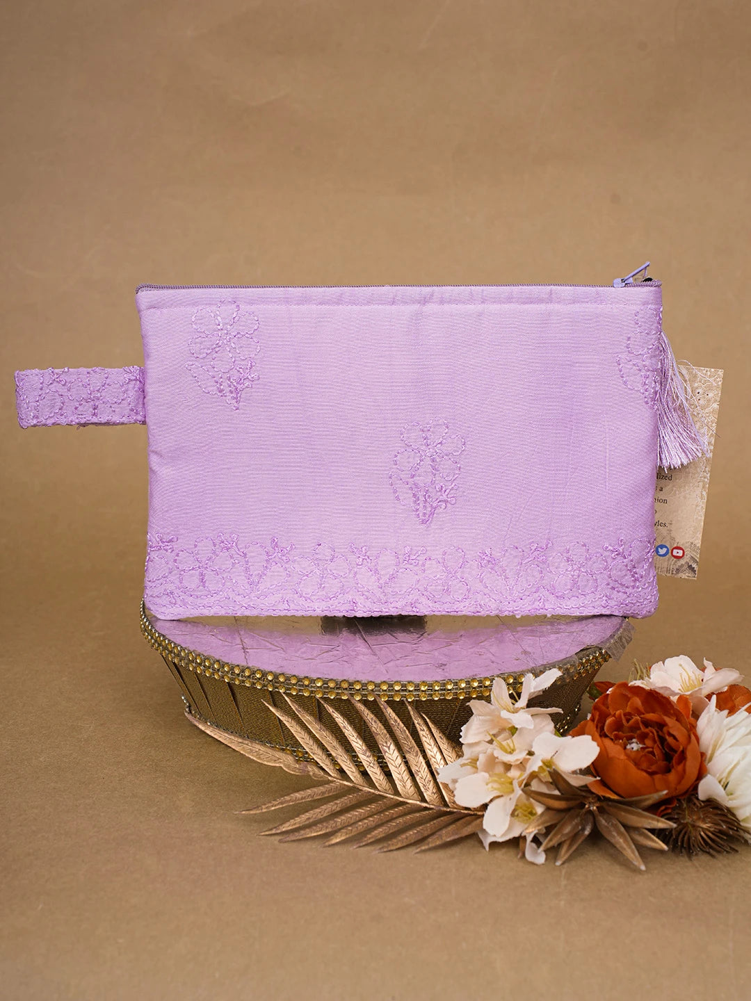 Ada Hand Embroidered Mauve Chanderi Lucknowi Chikankari Pouch 01A650904