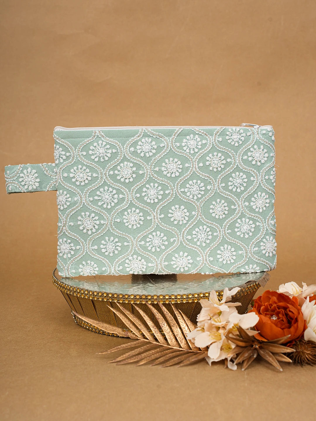 Ada Hand Embroidered Pearl Aqua Sea Green Viscose Georgette Lucknowi Chikankari Pouch With Pearl Work 01A696887