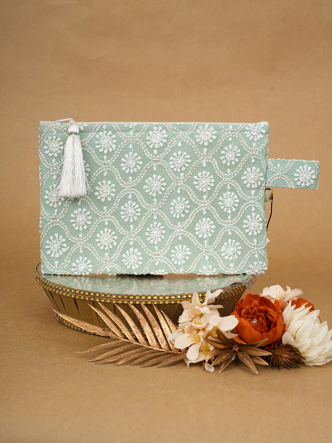Ada Hand Embroidered Pearl Aqua Sea Green Viscose Georgette Lucknowi Chikankari Pouch With Pearl Work 01A696887