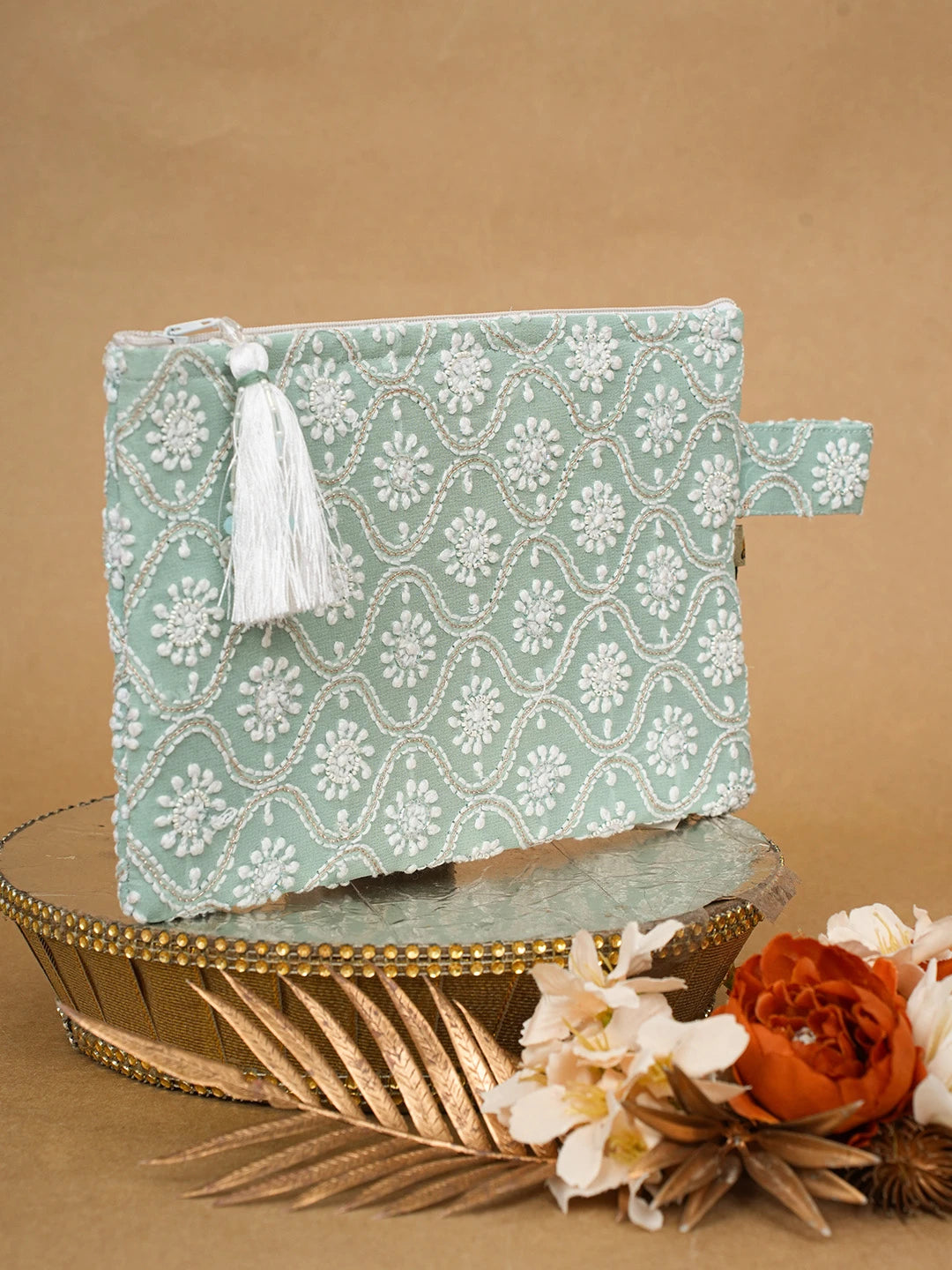 Ada Hand Embroidered Pearl Aqua Sea Green Viscose Georgette Lucknowi Chikankari Pouch With Pearl Work 01A696887