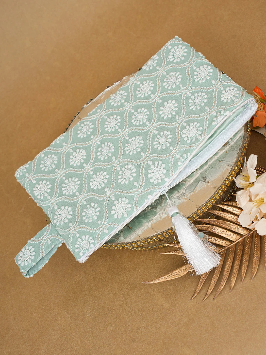Ada Hand Embroidered Pearl Aqua Sea Green Viscose Georgette Lucknowi Chikankari Pouch With Pearl Work 01A696887