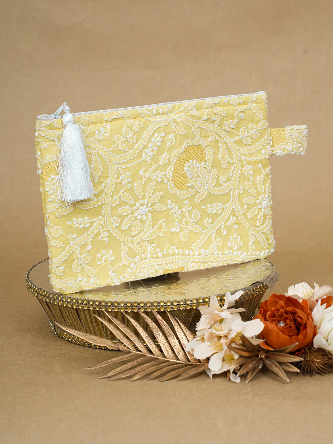 Ada Hand Embroidered Lemon Cotton Lucknowi Chikankari Pouch 01A675344