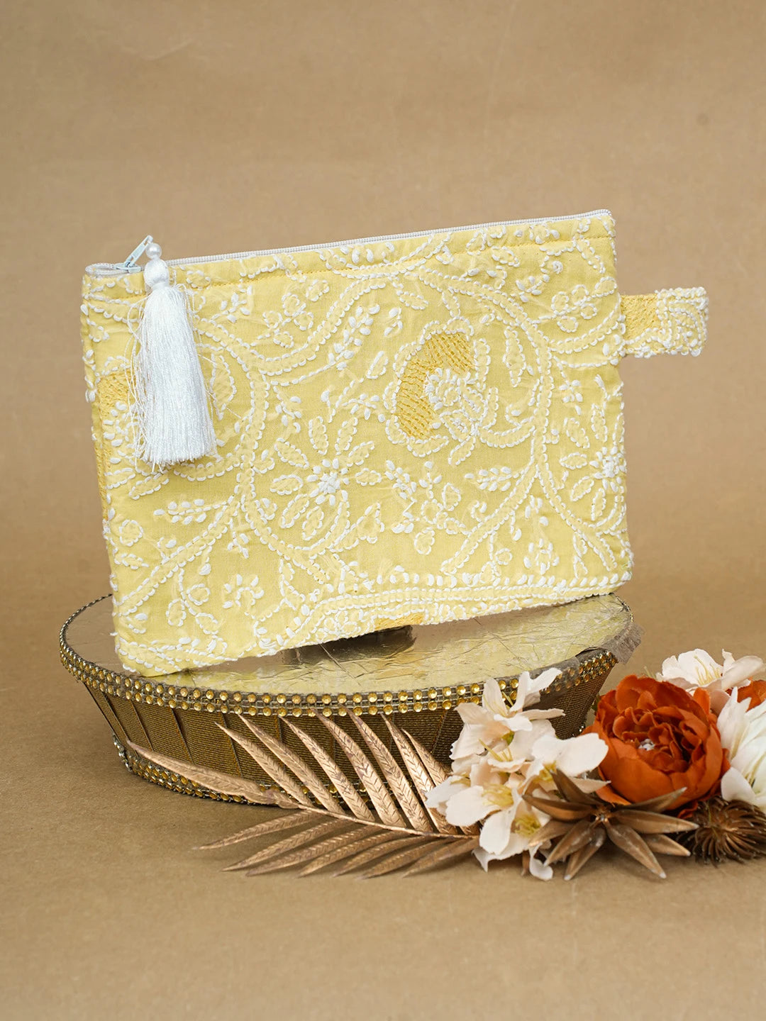 Ada Hand Embroidered Lemon Cotton Lucknowi Chikankari Pouch 01A675344