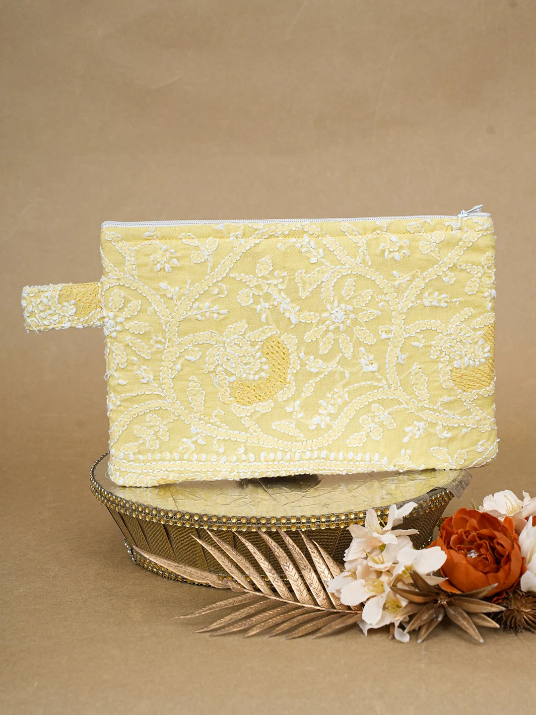 Ada Hand Embroidered Lemon Cotton Lucknowi Chikankari Pouch 01A675344