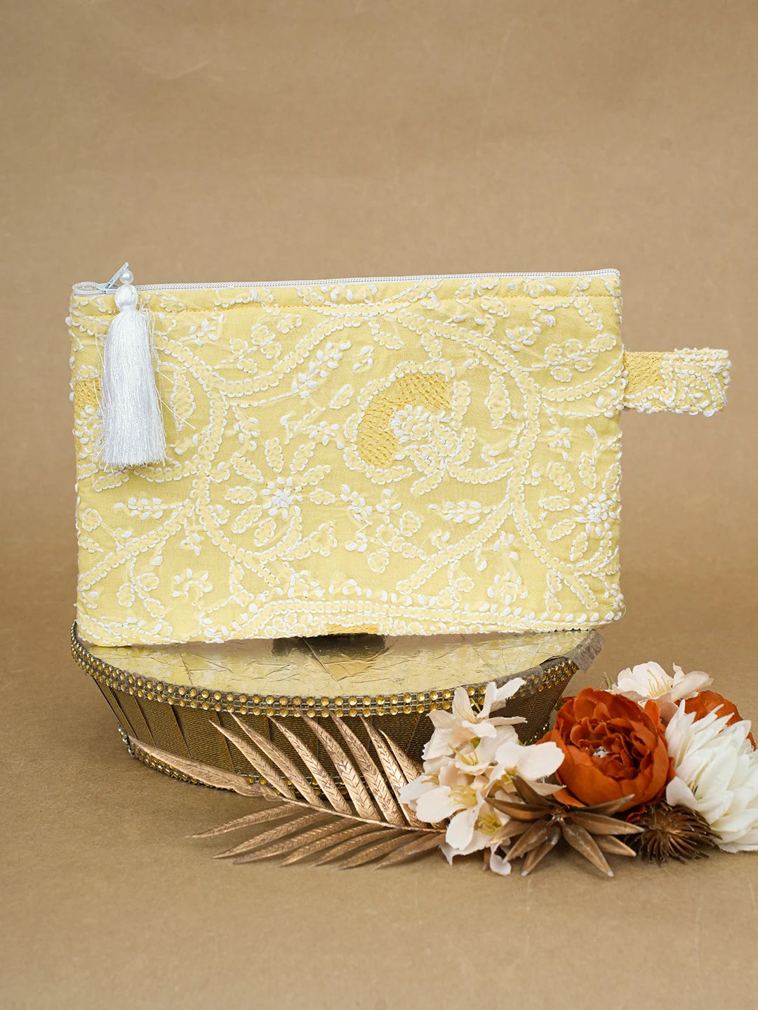 Ada Hand Embroidered Lemon Cotton Lucknowi Chikankari Pouch 01A675344