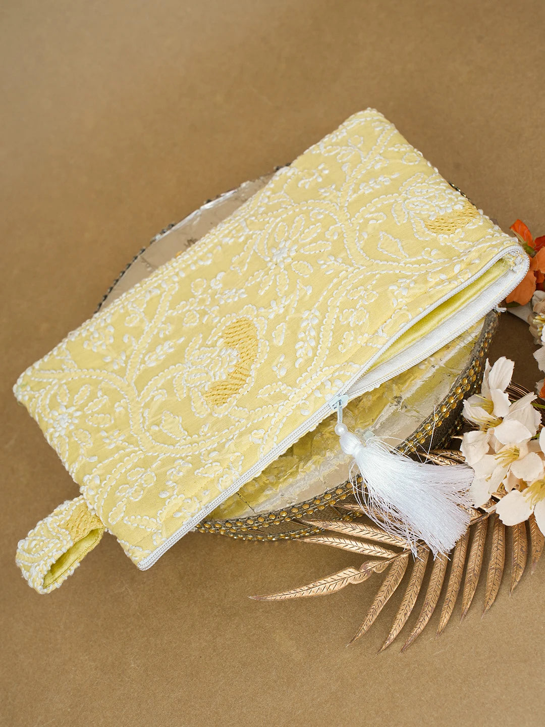 Ada Hand Embroidered Lemon Cotton Lucknowi Chikankari Pouch 01A675344