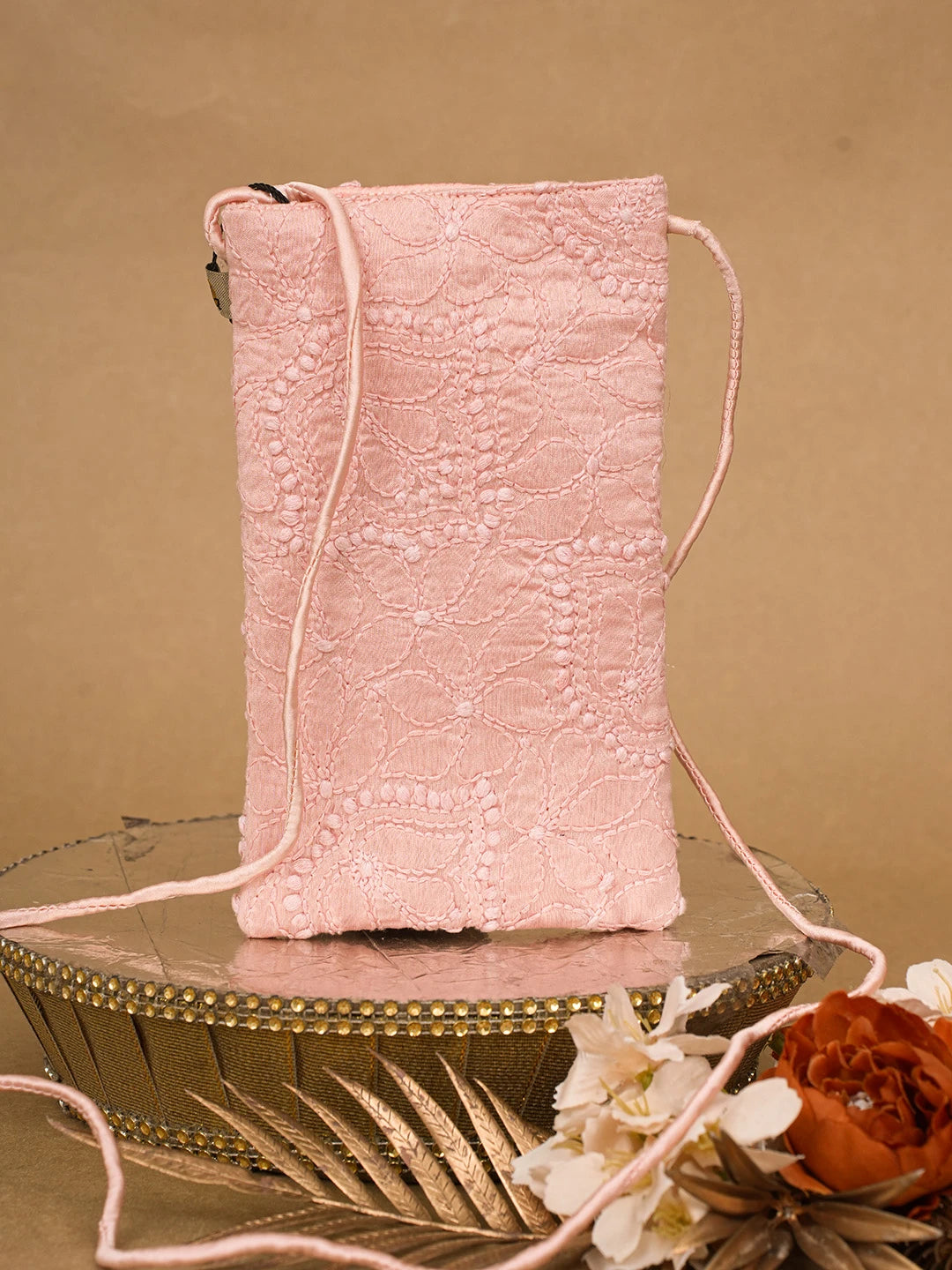 Ada Hand Embroidered Peach Chanderi Lucknowi Chikankari Mobile Cover 01A696864
