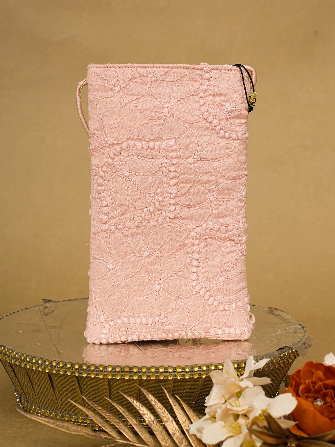 Ada Hand Embroidered Peach Chanderi Lucknowi Chikankari Mobile Cover 01A696864