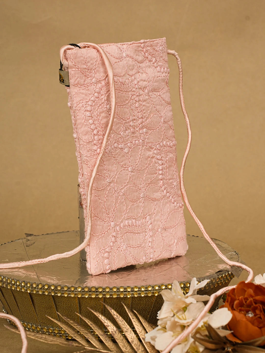 Ada Hand Embroidered Peach Chanderi Lucknowi Chikankari Mobile Cover 01A696864