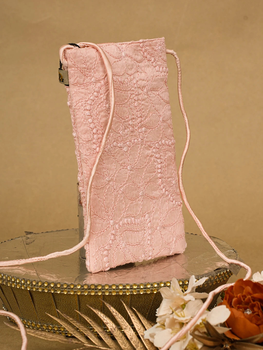 Ada Hand Embroidered Peach Chanderi Lucknowi Chikankari Mobile Cover 01A696864
