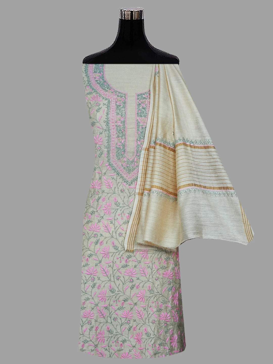 Ada Hand Embroidered Fawn Moonga Silk Lucknowi Chikankari Unstitched Kurta Dupatta Set 01A696183