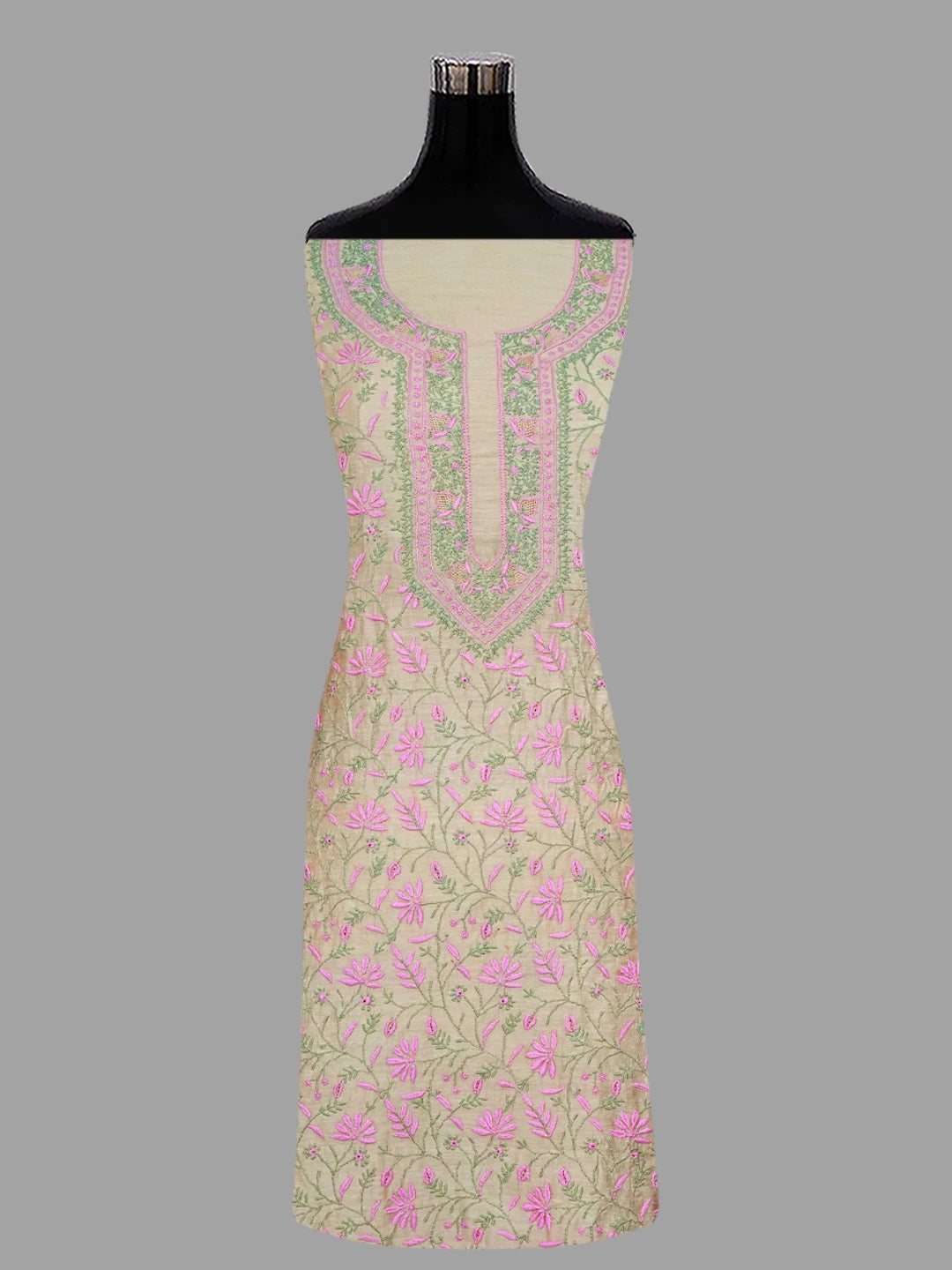 Ada Hand Embroidered Fawn Moonga Silk Lucknowi Chikankari Unstitched Kurta Dupatta Set 01A696183