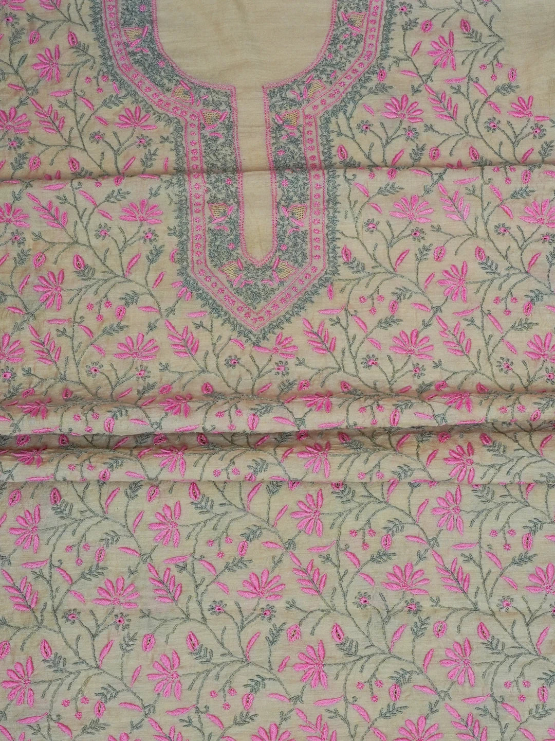 Ada Hand Embroidered Fawn Moonga Silk Lucknowi Chikankari Unstitched Kurta Dupatta Set 01A696183