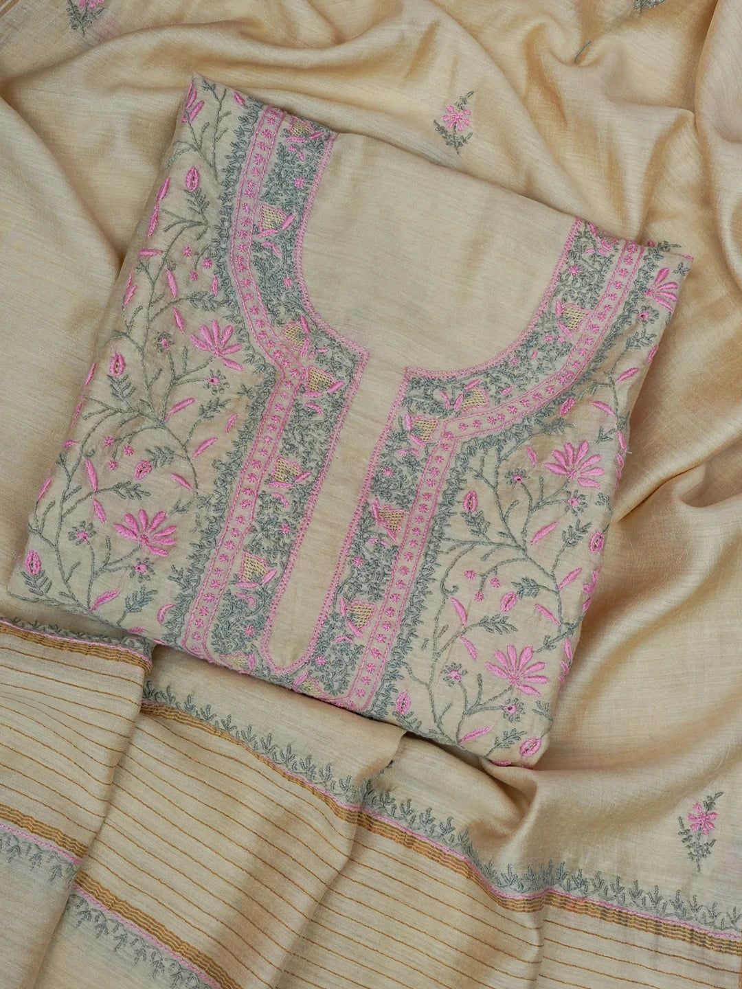 Ada Hand Embroidered Fawn Moonga Silk Lucknowi Chikankari Unstitched Kurta Dupatta Set 01A696183