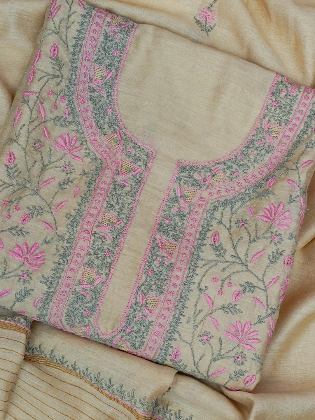 Ada Hand Embroidered Fawn Moonga Silk Lucknowi Chikankari Unstitched Kurta Dupatta Set 01A696183